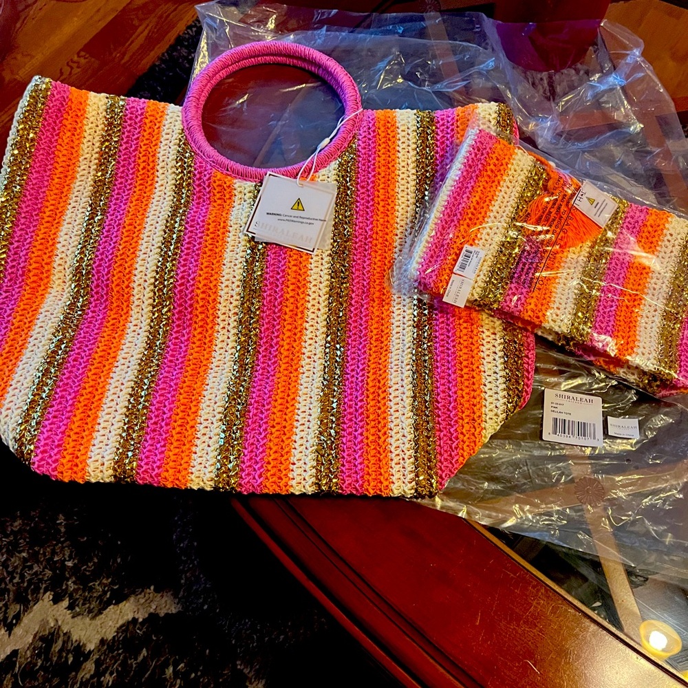 Colorful Striped Tote Bag and matching make
Up bag